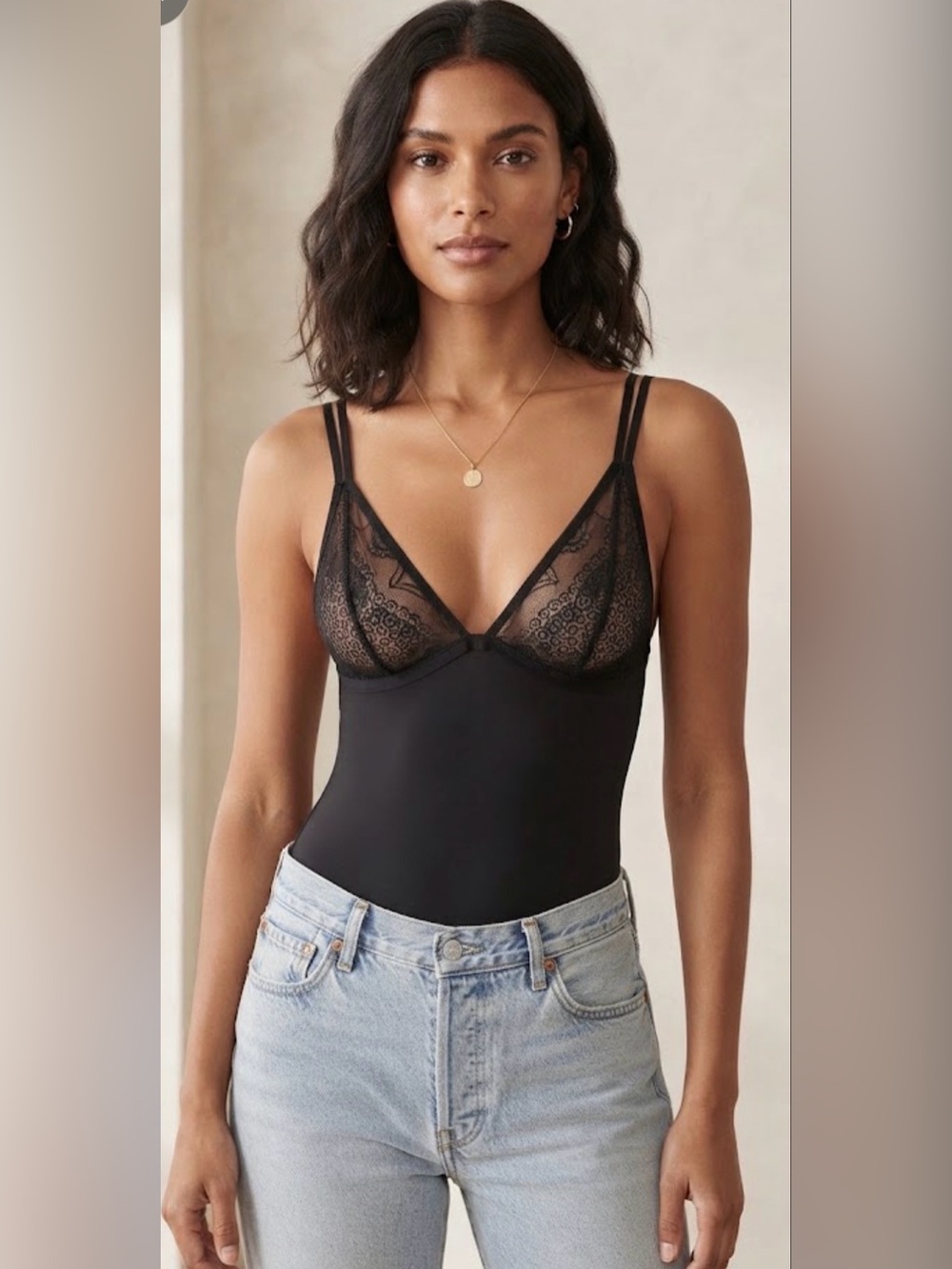 Victoria's Secret Black Lace Trim Bodysuit Size Small S/P Open Back V-Neck